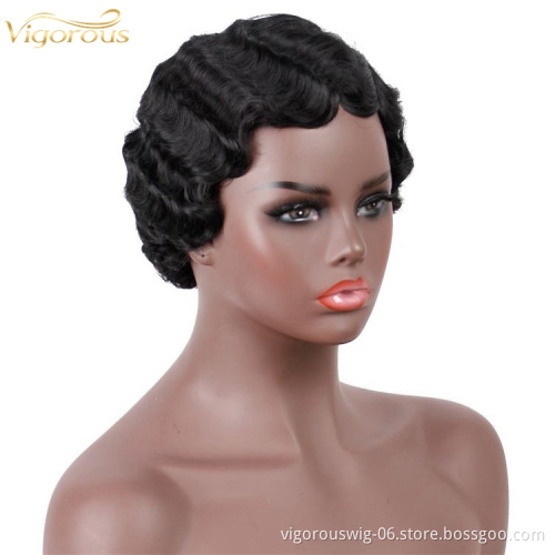 Vigorous Short Finger Wave Cheap Wigs For Women Hair Pixie Cut Machine Made  Synthetic  Wigs No Lace Front